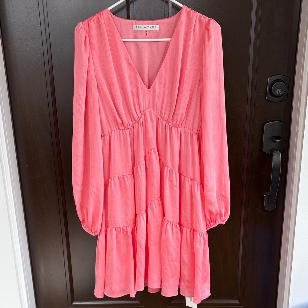 EUC Trina Turk Make Merry Tiered Puff Sleeve V Neck Dress Pink Size Medium - Picture 2 of 9